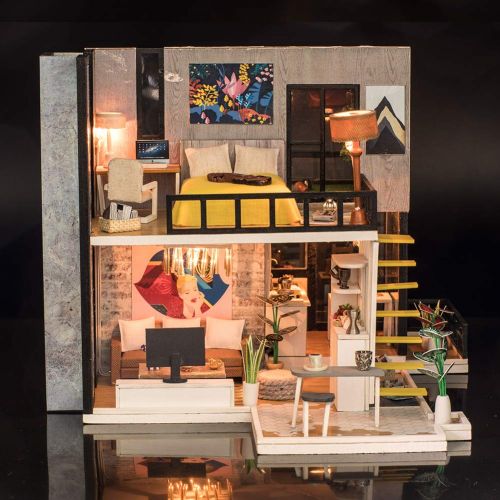  Spilay DIY Miniature Dollhouse Wooden Furniture Kit,Handmade Mini Modern Villa Model Plus with Dust Cover& Music Box ,1:24 Scale Creative Doll House Toys for Children (Hawaii Impre