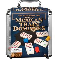 Mexican Train Dominoes Set Tile Board Game in Aluminum Carry Case Games with Colorful Trains for Family Game Night, for Adults and Kids Ages 8 and Up