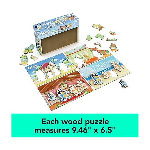  Bluey 4-Pack of Wooden 24-Piece Puzzles with Interchangeable Pieces | Bluey Birthday Party Supplies | Bluey Party Favors | Bluey Toys for Kids Ages 3+