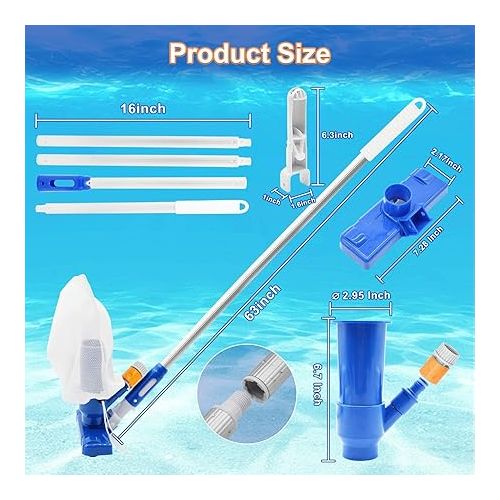  Handheld Pool Vacuum above Ground - Portable Swimming Pool Jet Cleaner, Pool Leaf Vacuum Cleaning Kit W/Brush with 4 Section Poles of 63