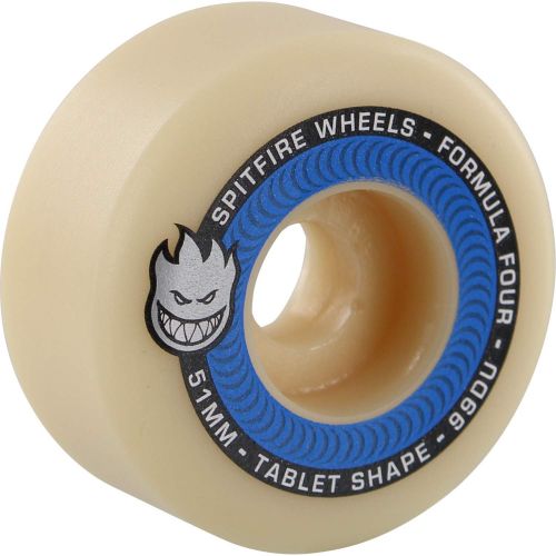  Spitfire 51mm Wheels Formula Four Tablets Natural/Blue Skateboard Wheels - 99a with Bones Bearings - 8mm Bones Reds Precision Skate Rated Skateboard Bearings (8) Pack - Bundle of 2