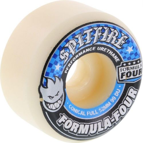  Spitfire Wheels Formula Four Conical Full White w/Blue Skateboard Wheels - 52mm 99a (Set of 4)