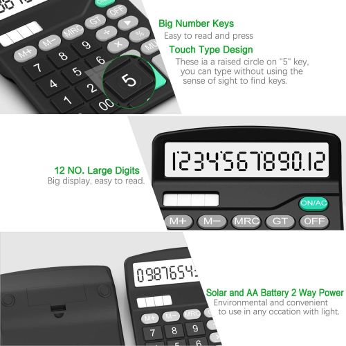  [아마존베스트]Calculator, Splaks 2 Pack Standard Functional Desktop Calculator Sola and AA Battery Dual Power Electronic Calculator with 12-Digit Large Display (1 Basic Black&1 Updated Silver)