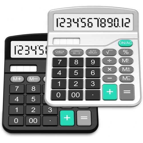  [아마존베스트]Calculator, Splaks 2 Pack Standard Functional Desktop Calculator Sola and AA Battery Dual Power Electronic Calculator with 12-Digit Large Display (1 Basic Black&1 Updated Silver)