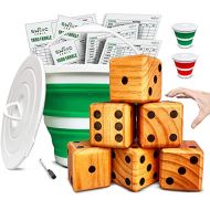 Splinter Woodworking Co. Yardzee, Farkle & 20+ Games (All Weather) - Yard Dice Game Set with Red or Green Collapsible Bucket, Lid, 5 Big Laminated Score Cards & Marker