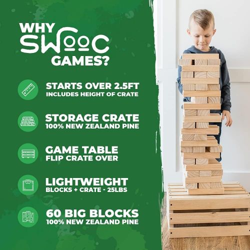  Splinter Woodworking Co. SWOOC Games - Giant Tower Game 60 Large Blocks Storage Crate / Outdoor Game Table Starts Over 2.5ft Big Max Height of 5ft Genuine Jumbo Toppling Yard Games Jumbo Backyard Set