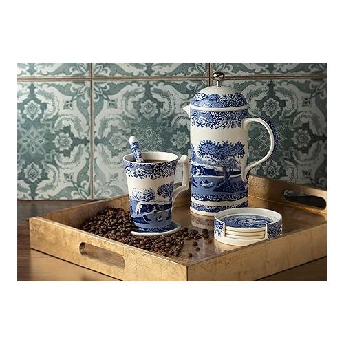  Spode Blue Italian French Press | 28-Ounce Capacity | Espresso, Coffee, and Tea Maker | Porcelain Cafetiere | Stainless Steel Plunger | Dishwasher Safe (Blue/White)