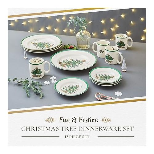  Spode Christmas Tree 12 Piece Dinnerware Set | Service for 4 | Dinner Plate, Salad Plate, and Mug | Made of Fine Earthenware | Microwave and Dishwasher Safe