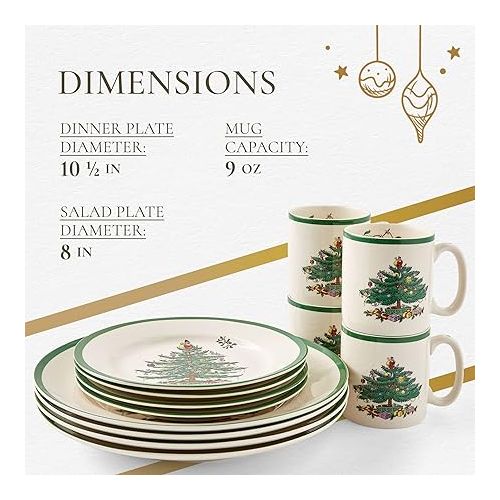  Spode Christmas Tree 12 Piece Dinnerware Set | Service for 4 | Dinner Plate, Salad Plate, and Mug | Made of Fine Earthenware | Microwave and Dishwasher Safe