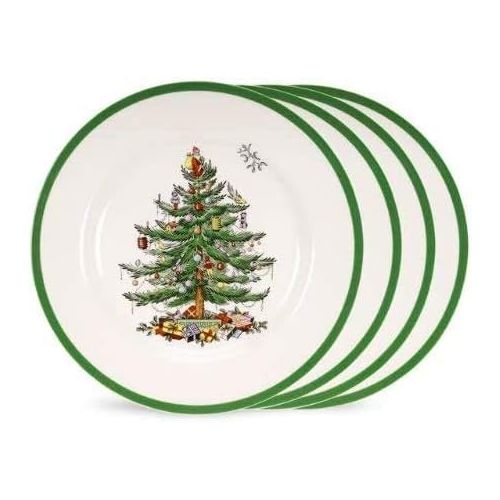  [아마존베스트]Spode - Classic Christmas Tree Design Earthenware Dinner Plates (Set of 4, 10.5) - Microwave and Dishwasher Safe