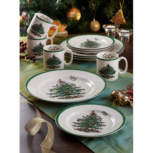  [아마존베스트]Spode - Classic Christmas Tree Design Earthenware Dinner Plates (Set of 4, 10.5) - Microwave and Dishwasher Safe