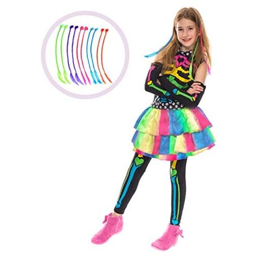  Spooktacular Creations Funky Punky Bones Colorful Skeleton Deluxe Girls Costume Set with Hair Extensions for Halloween Costume Dress Up Parties.