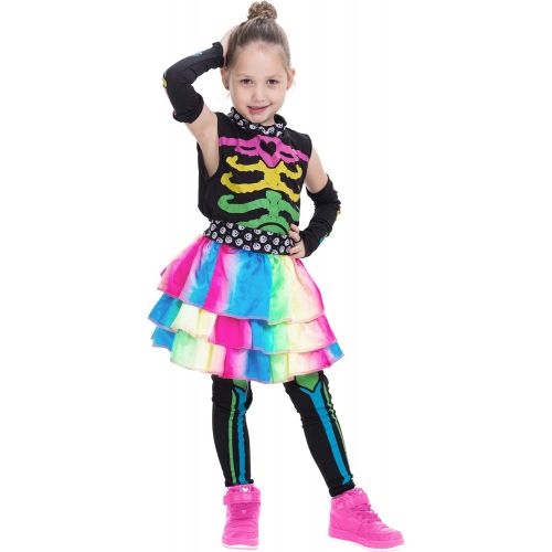  Spooktacular Creations Funky Punky Bones Colorful Skeleton Deluxe Girls Costume Set with Hair Extensions for Halloween Costume Dress Up Parties.