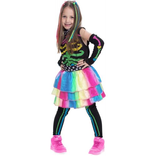  Spooktacular Creations Funky Punky Bones Colorful Skeleton Deluxe Girls Costume Set with Hair Extensions for Halloween Costume Dress Up Parties.