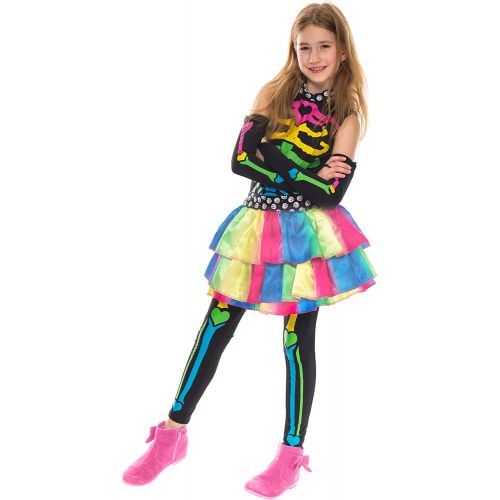  Spooktacular Creations Funky Punky Bones Colorful Skeleton Deluxe Girls Costume Set with Hair Extensions for Halloween Costume Dress Up Parties.