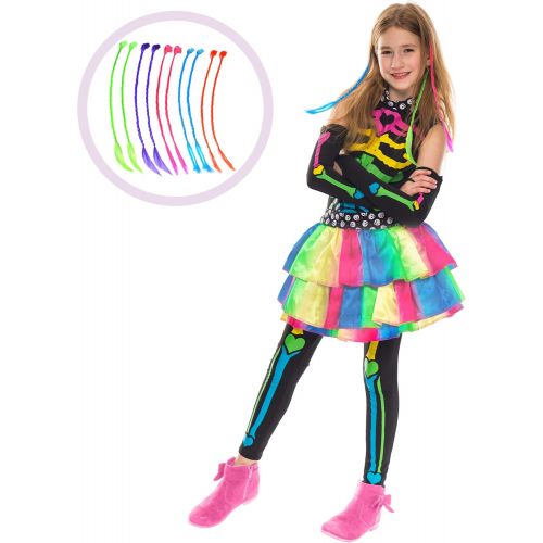  Spooktacular Creations Funky Punky Bones Colorful Skeleton Deluxe Girls Costume Set with Hair Extensions for Halloween Costume Dress Up Parties.