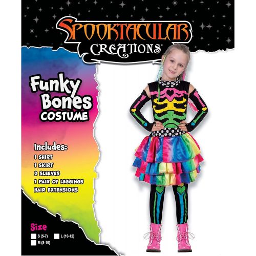  Spooktacular Creations Funky Punky Bones Colorful Skeleton Deluxe Girls Costume Set with Hair Extensions for Halloween Costume Dress Up Parties.