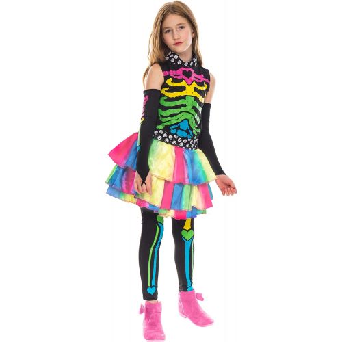  Spooktacular Creations Funky Punky Bones Colorful Skeleton Deluxe Girls Costume Set with Hair Extensions for Halloween Costume Dress Up Parties.