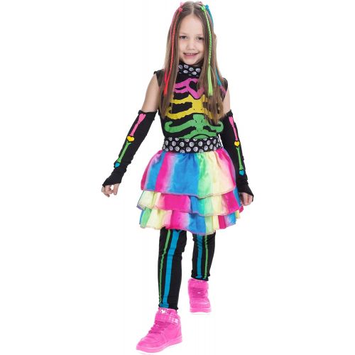  Spooktacular Creations Funky Punky Bones Colorful Skeleton Deluxe Girls Costume Set with Hair Extensions for Halloween Costume Dress Up Parties.