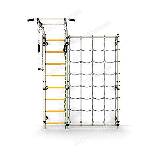  Sportkid Kids Playground with Climbing Cargo Net  Indoor Wall Gym Training Sport Set with Trapeze Bar Swing, Climber, Climbing Rope, Jump Rope  Suit for Backyard, School and Playroom  Co