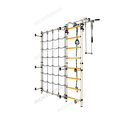  Sportkid Kids Playground with Climbing Cargo Net  Indoor Wall Gym Training Sport Set with Trapeze Bar Swing, Climber, Climbing Rope, Jump Rope  Suit for Backyard, School and Playroom  Co