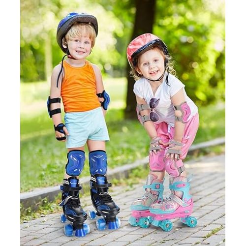  Roller Skates for Boys 4 Sizes Adjustable, Sportneer Light Up Kids Roller Skates for Age 3-5 6-12 Roller Skates with Protective Gears Illuminating Wheels Gift