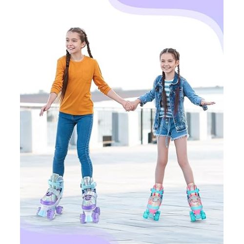  Kids Roller Skates, Sportneer 4 Size Adjustable Roller Skates for Kids Ages 6-12 Light Up Roller Skates with Protective Gears Illuminating Wheels Gift for Kids Toddler Beginner