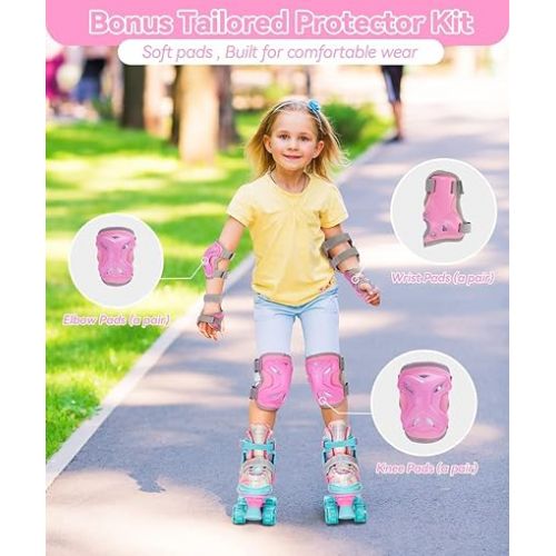  Sportneer Kids Roller Skates, Roller Skates with Protective Gear Set, Adjustable Roller Skates with 8 Light up Wheels, for Girls Kids Youth Beginner Indoor & Outdoor Use