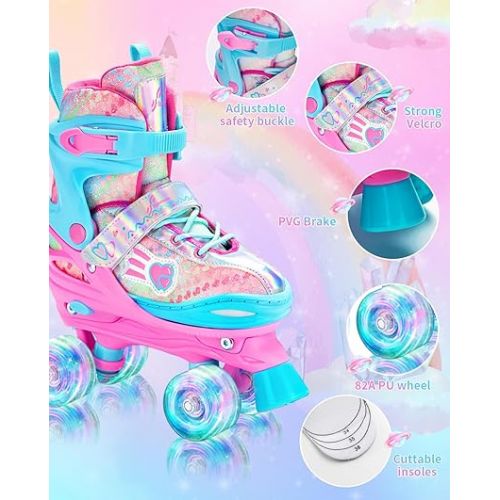  Sportneer Kids Roller Skates, Roller Skates with Protective Gear Set, Adjustable Roller Skates with 8 Light up Wheels, for Girls Kids Youth Beginner Indoor & Outdoor Use