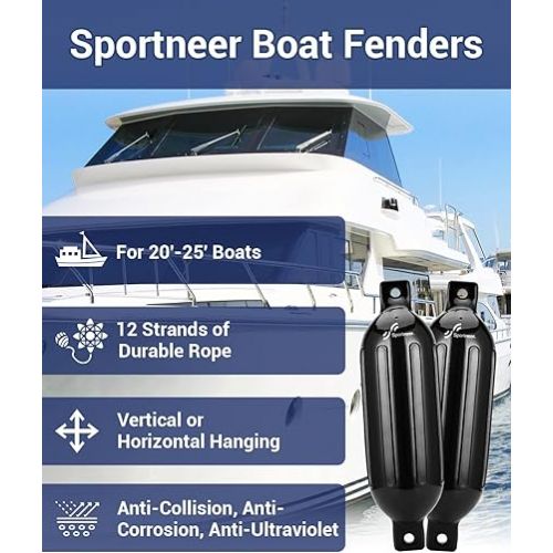  Sportneer Boat Bumpers, Inflatable Boat Dock Bumpers Boat Pontoon Fenders Boat Bumper for Pontoon Boats Dock 4 Pack with Storage Bag 4 Ropes 1 Air Pump 4 Needles