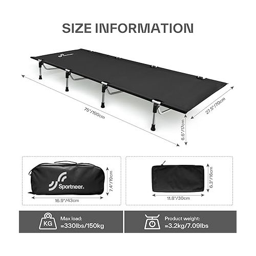  Sportneer Camping Cot, Folding Cots Lever Lock Portable Lightweight Sleeping Camping Bed for Adults Outdoor Travel Backpacking Camp Hiking Supports 330lbs