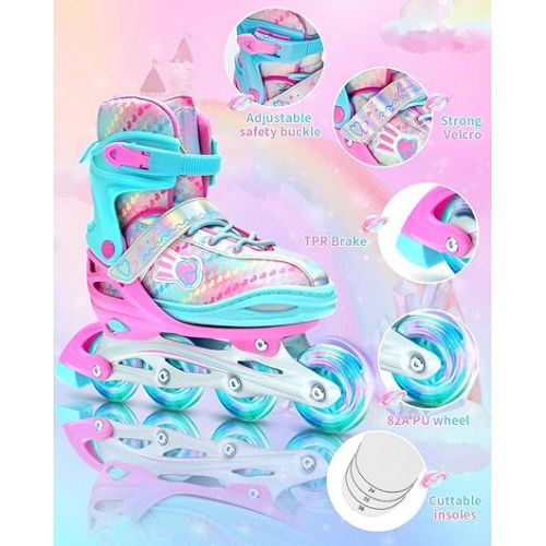  4 Adjustable Size Inline Skates for Girls, Sportneer Kids Inline Skates Ages 8-12 Light Up Girls Inline Roller Skates Illuminating Wheels for Kids Children Beginner Outdoor Size 2-5/6-9