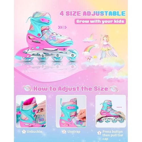  4 Adjustable Size Inline Skates for Girls, Sportneer Kids Inline Skates Ages 8-12 Light Up Girls Inline Roller Skates Illuminating Wheels for Kids Children Beginner Outdoor Size 2-5/6-9