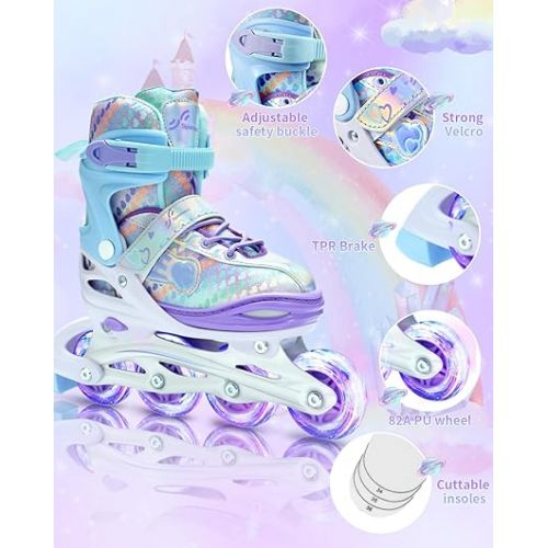  Sportneer Inline Roller Skates, Roller Boots Adjustable Size 2-7.5 with Illuminating Wheels Roller Blades Protective Gear Set for Gilrs Women