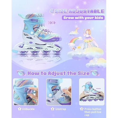  Sportneer Inline Roller Skates, Roller Boots Adjustable Size 2-7.5 with Illuminating Wheels Roller Blades Protective Gear Set for Gilrs Women