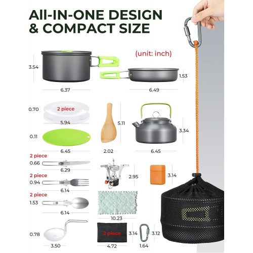  Camping Cookware Mess Kit, Sportneer Camping Cooking Set with Folding Camping Stove 18Pcs Camping Pots and Pans Set with Anti-Stick Lightweight Kettle Plates Stainless Steel Knife