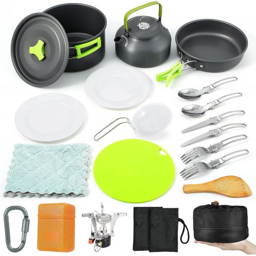  Camping Cookware Mess Kit, Sportneer Camping Cooking Set with Folding Camping Stove 18Pcs Camping Pots and Pans Set with Anti-Stick Lightweight Kettle Plates Stainless Steel Knife