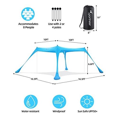  Beach Tent, Sportneer 10x10 FT Beach Canopy Sun Shade UPF50+ with 4 Stability Poles Sand Shovel and Ground Pegs Portable Sun Shelter for Beaching Camping Sport Event Fishing Backya