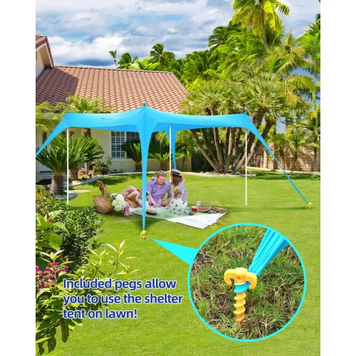  Beach Tent, Sportneer 10x10 FT Beach Canopy Sun Shade UPF50+ with 4 Stability Poles Sand Shovel and Ground Pegs Portable Sun Shelter for Beaching Camping Sport Event Fishing Backya