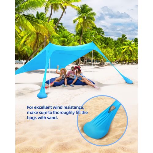  Beach Tent, Sportneer 10x10 FT Beach Canopy Sun Shade UPF50+ with 4 Stability Poles Sand Shovel and Ground Pegs Portable Sun Shelter for Beaching Camping Sport Event Fishing Backya