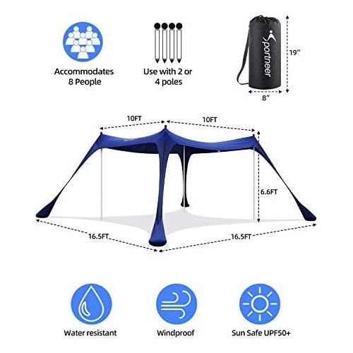  Beach Tent, Sportneer 10x10 FT Beach Canopy Sun Shade UPF50+ with 4 Stability Poles Sand Shovel and Ground Pegs Portable Sun Shelter for Beaching Camping Sport Event Fishing Backya