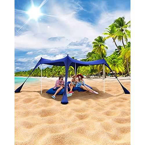  Beach Tent, Sportneer 10x10 FT Beach Canopy Sun Shade UPF50+ with 4 Stability Poles Sand Shovel and Ground Pegs Portable Sun Shelter for Beaching Camping Sport Event Fishing Backya