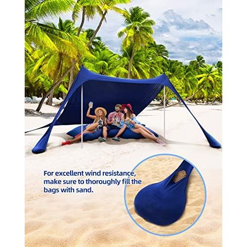  Beach Tent, Sportneer 10x10 FT Beach Canopy Sun Shade UPF50+ with 4 Stability Poles Sand Shovel and Ground Pegs Portable Sun Shelter for Beaching Camping Sport Event Fishing Backya