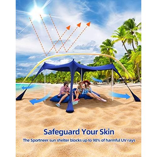  Beach Tent, Sportneer 10x10 FT Beach Canopy Sun Shade UPF50+ with 4 Stability Poles Sand Shovel and Ground Pegs Portable Sun Shelter for Beaching Camping Sport Event Fishing Backya