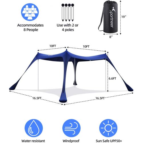  Beach Tent, Sportneer 10x10 FT Beach Canopy Sun Shade UPF50+ with 4 Stability Poles Sand Shovel and Ground Pegs Portable Sun Shelter for Beaching Camping Sport Event Fishing Backya