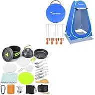 Sportneer 18Pcs Camping Cookware Set and Pop Up Privacy Changing Tent Camping Shower Tent