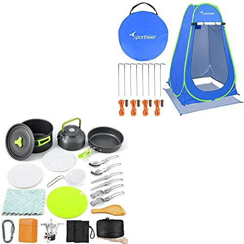  Sportneer 18Pcs Camping Cookware Set and Pop Up Privacy Changing Tent Camping Shower Tent