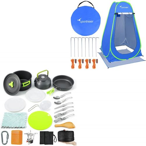  Sportneer 18Pcs Camping Cookware Set and Pop Up Privacy Changing Tent Camping Shower Tent