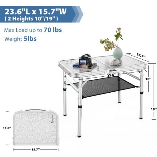  Camping Table, Sportneer Adjustable Height Small Folding Table with Mesh Layer Portable Camp Tables with Aluminum Legs for Outdoor Camp Picnic Beach BBQ Cooking