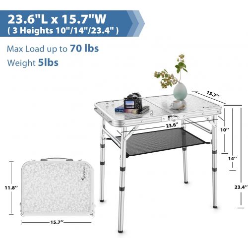 Camping Table, Sportneer Adjustable Height Small Folding Table with Mesh Layer Portable Camp Tables with Aluminum Legs for Outdoor Camp Picnic Beach BBQ Cooking